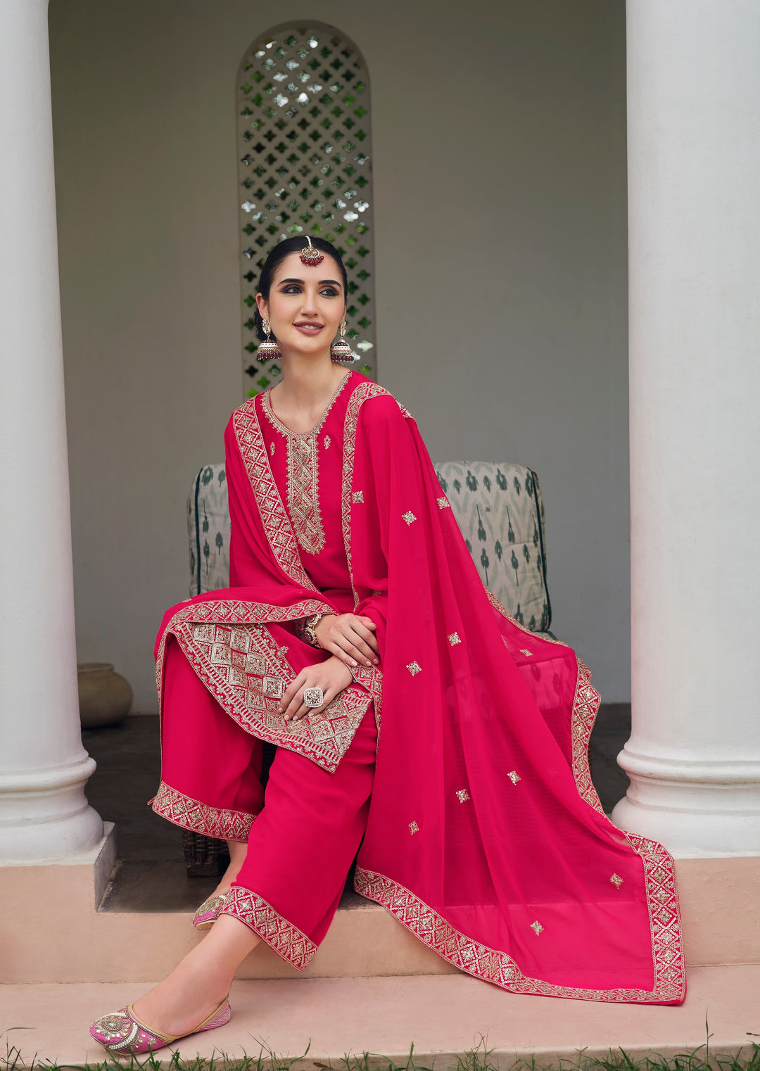 Pink Real Georgette Embroidery and Sequence work Palazzo Suit