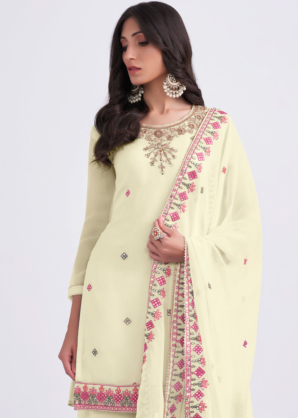 Blonde Yellow Designer Georgette Embroidered Suit - qivii