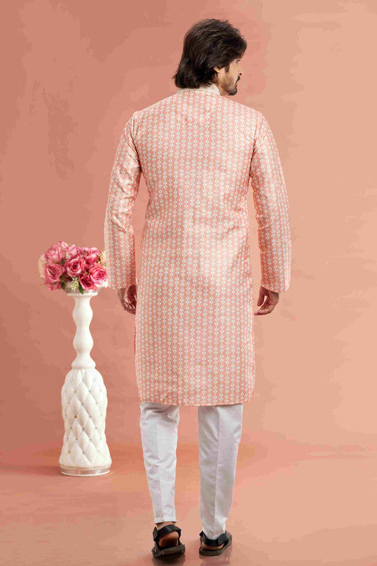 Men's Peach Cotton Thread Work Collar Neck Pajama Set