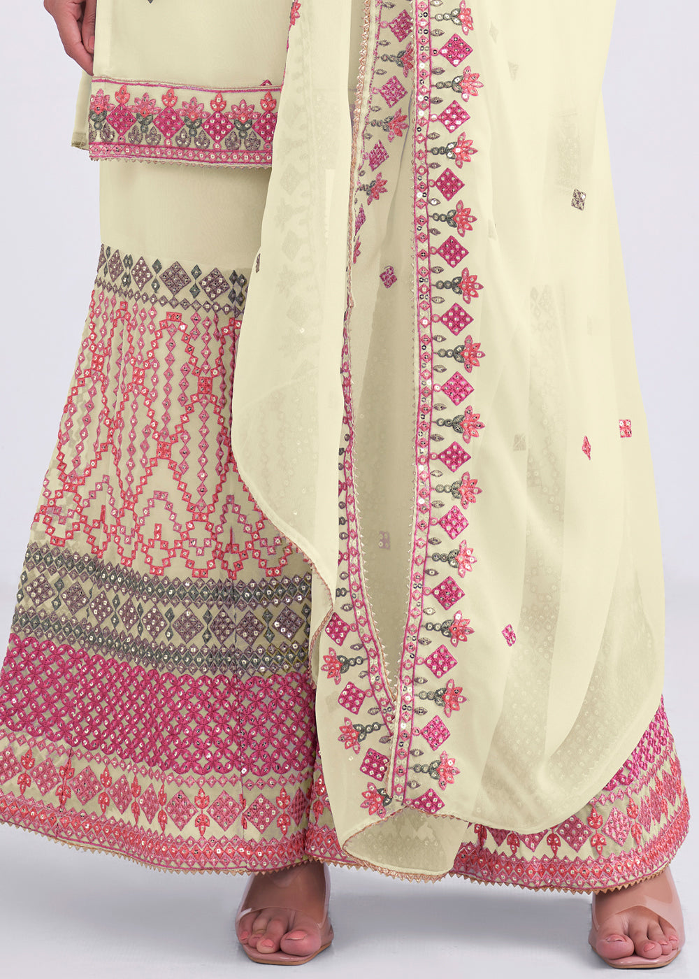 Blonde Yellow Designer Georgette Embroidered Suit - qivii