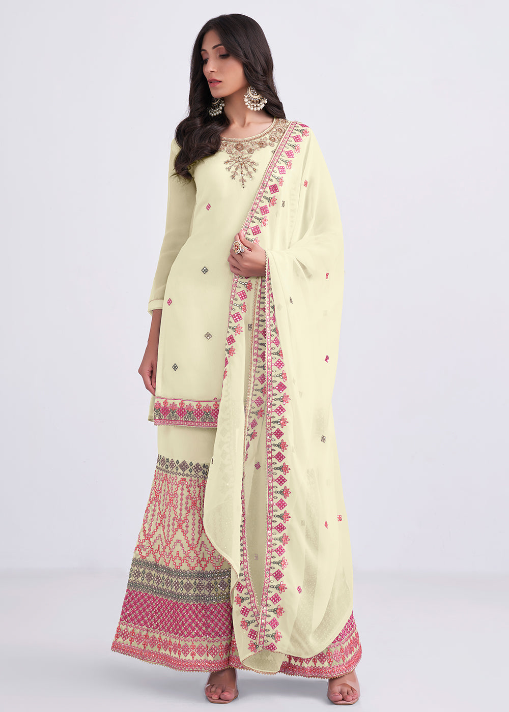 Blonde Yellow Designer Georgette Embroidered Suit - qivii