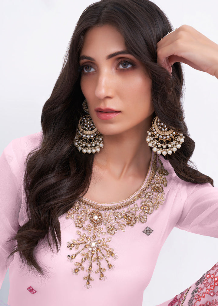 Baby Pink Designer Georgette Embroidered Suit By Qivii