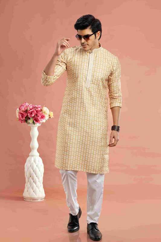 Men's Yellow Cotton Thread Work Collar Neck Pajama Set