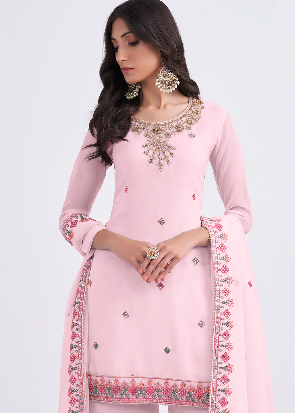 Baby Pink Designer Georgette Embroidered Suit - qivii