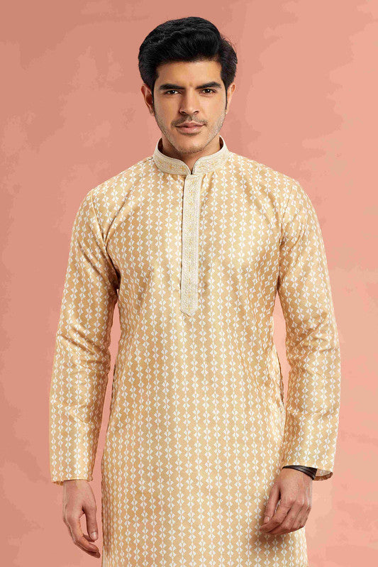 Men's Yellow Cotton Thread Work Collar Neck Pajama Set