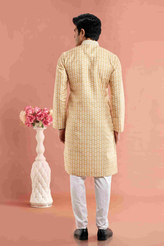 Men's Yellow Cotton Thread Work Collar Neck Pajama Set