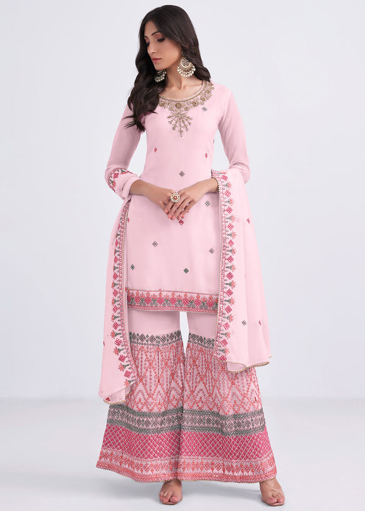 Baby Pink Designer Georgette Embroidered Suit By Qivii