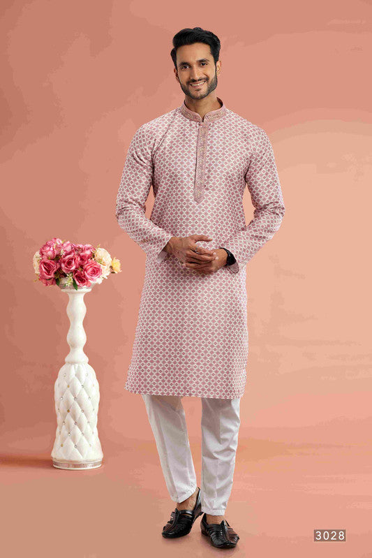 Men's Onion Pink Cotton Thread Work Collar Neck Pajama Set