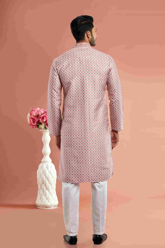 Men's Onion Pink Cotton Thread Work Collar Neck Pajama Set