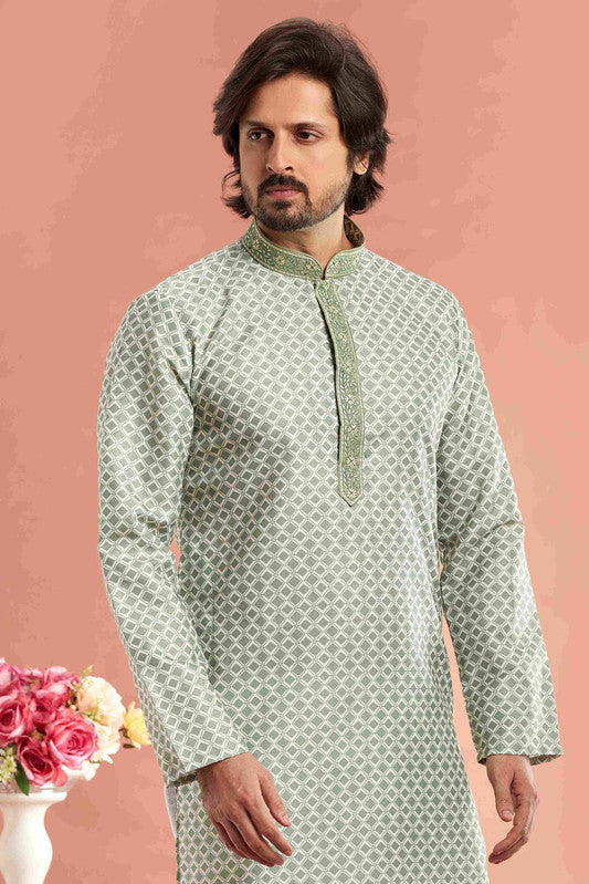 Men's Pista Green Cotton Thread Work Collar Neck Pajama Set