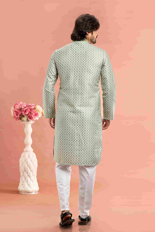 Men's Pista Green Cotton Thread Work Collar Neck Pajama Set