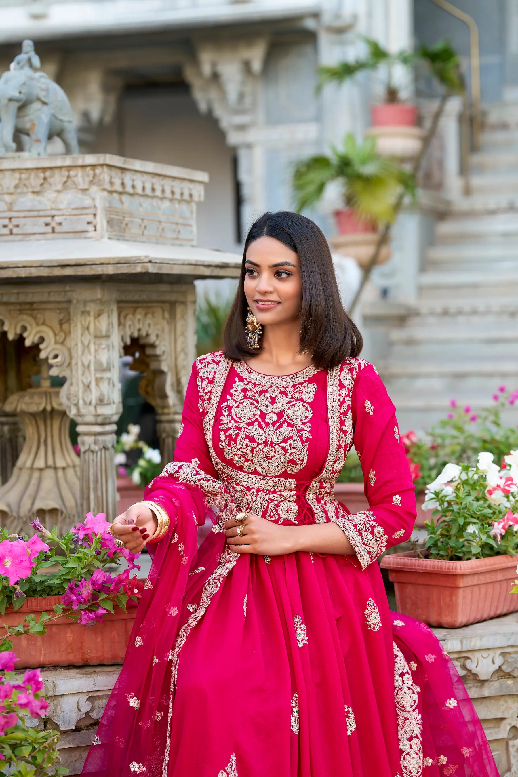 Dark Pink Vichitra Silk Gown With Thread & Sequins Embroidery Work - qivii