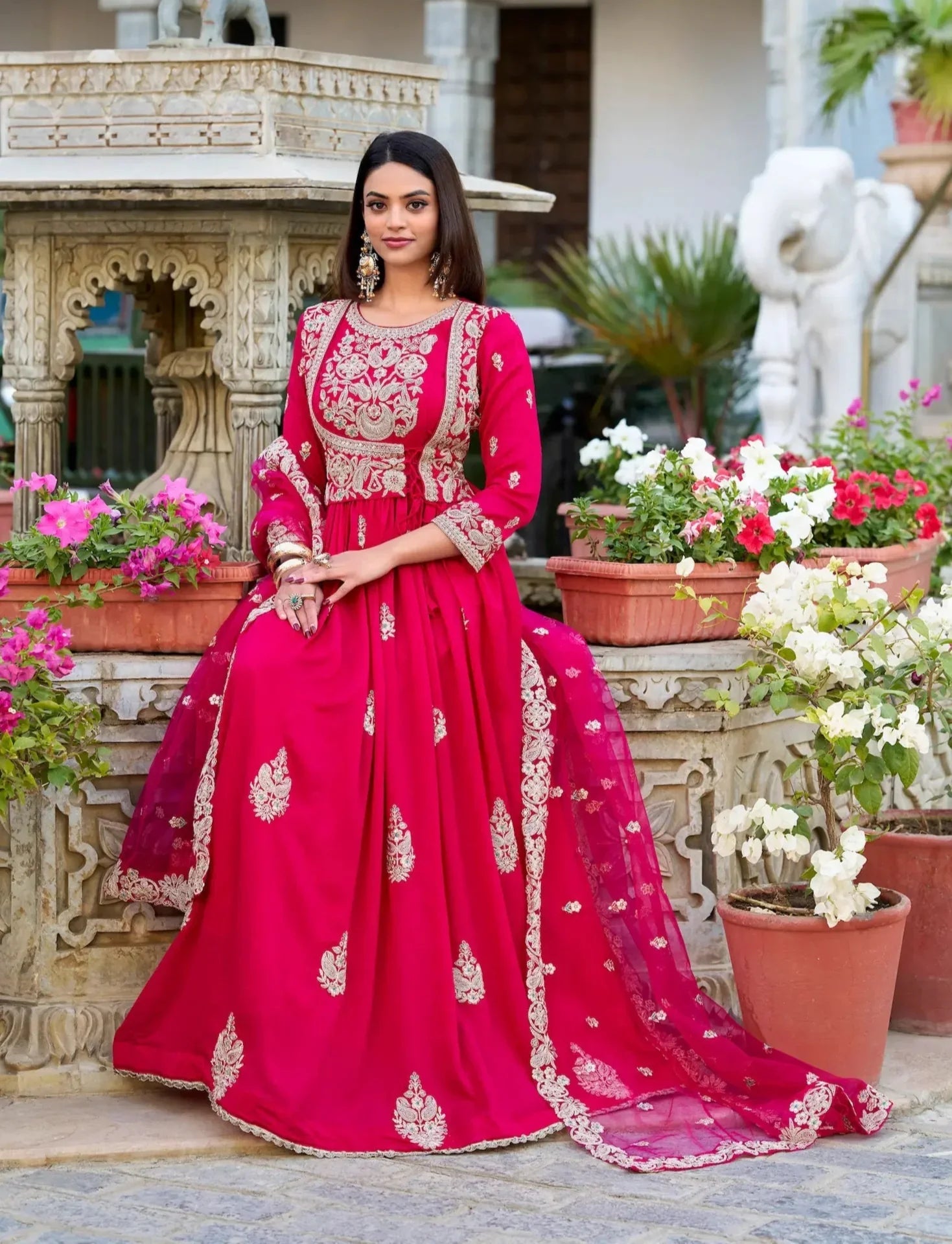 Dark Pink Vichitra Silk Gown With Thread & Sequins Embroidery Work - qivii