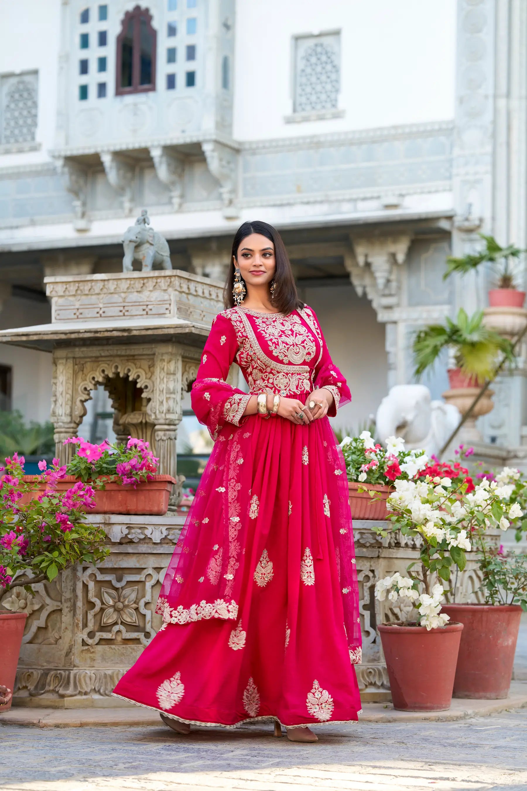 Dark Pink Vichitra Silk Gown With Thread & Sequins Embroidery Work - qivii