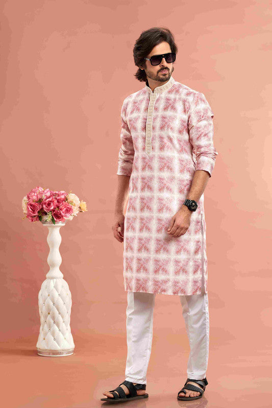 Men's Dusty Pink Cotton Thread Work Collar Neck Pajama Set