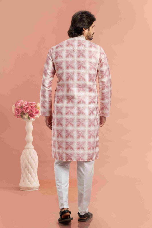 Men's Dusty Pink Cotton Thread Work Collar Neck Pajama Set