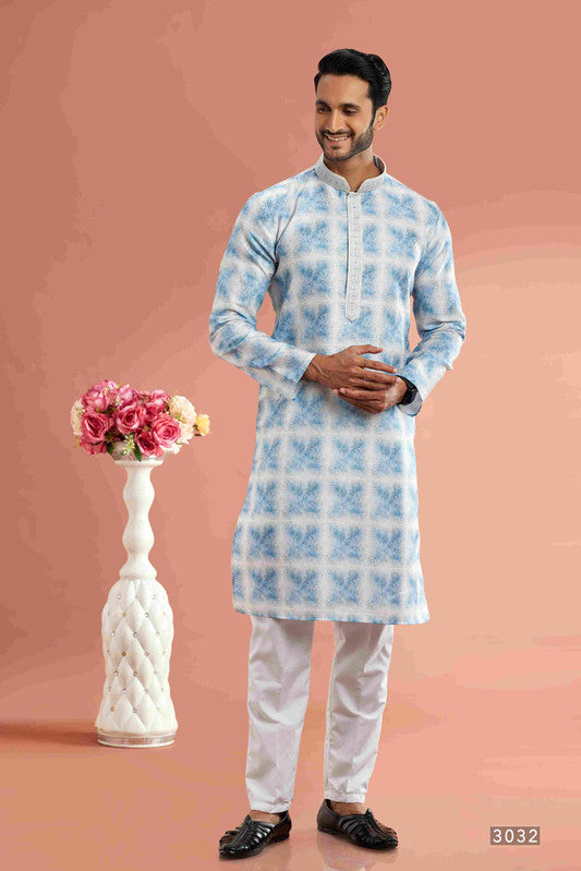 Men's Sky Blue Cotton Thread Work Collar Neck Pajama Set