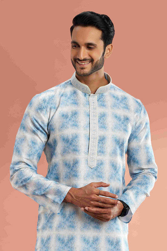 Men's Sky Blue Cotton Thread Work Collar Neck Pajama Set