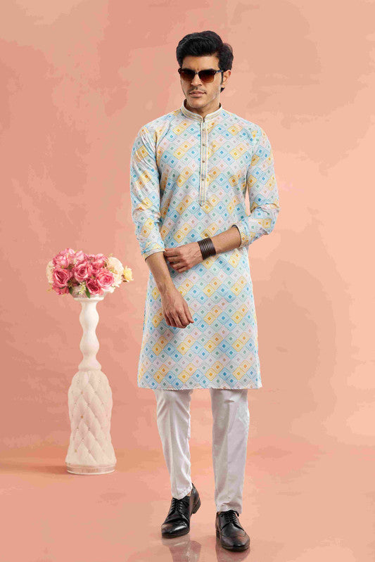 Men's Multi Color Cotton Thread Work Collar Neck Pajama Set
