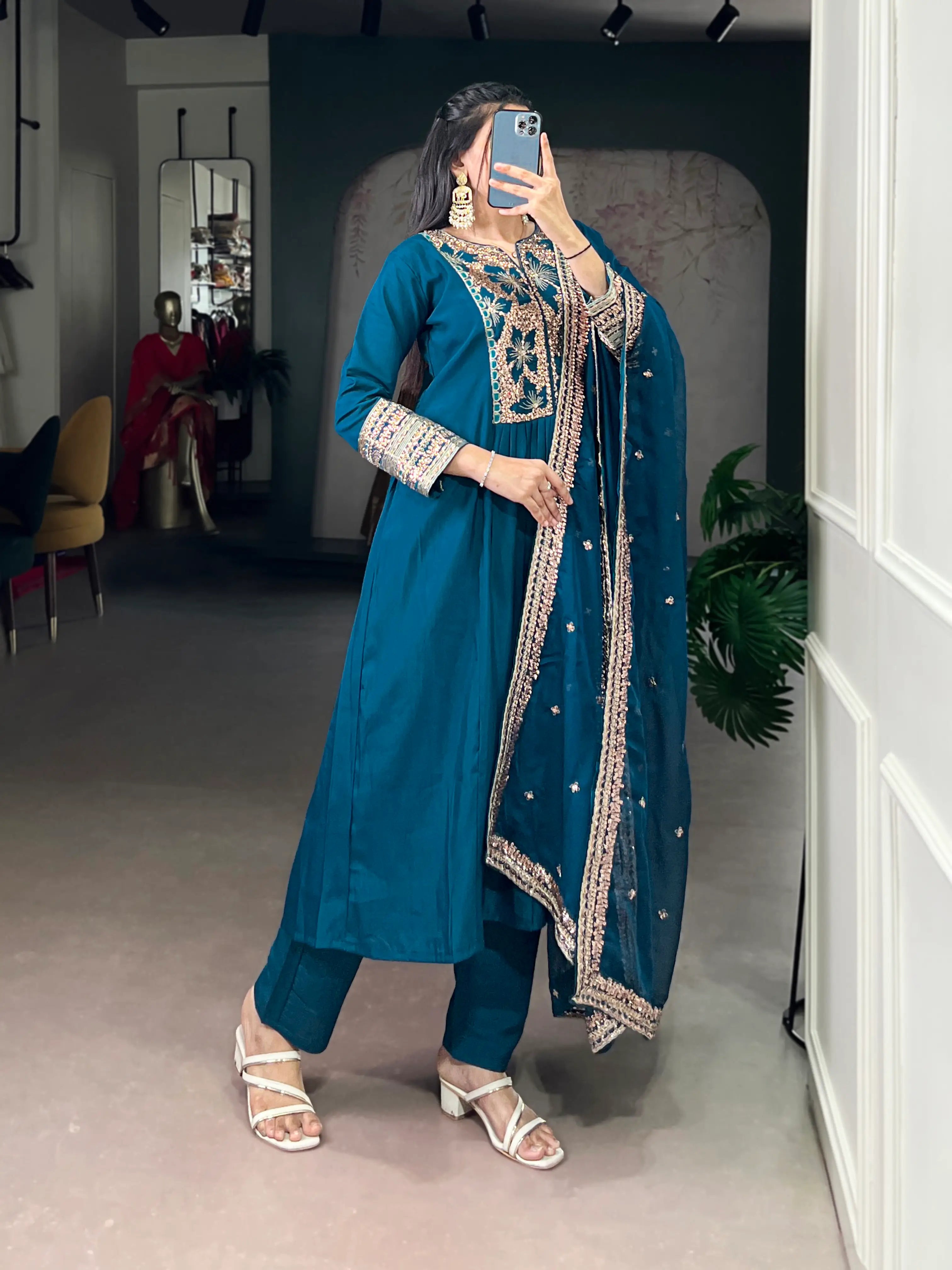 Dark Teal Roman Silk Embroidery Salwar Suit