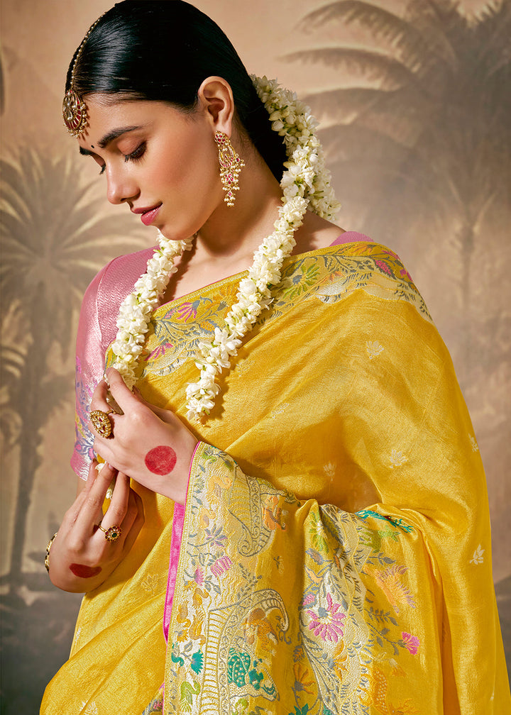 Saffron Yellow Munga Silk Saree with Zari work & Woven with Resham in Floral Motifs