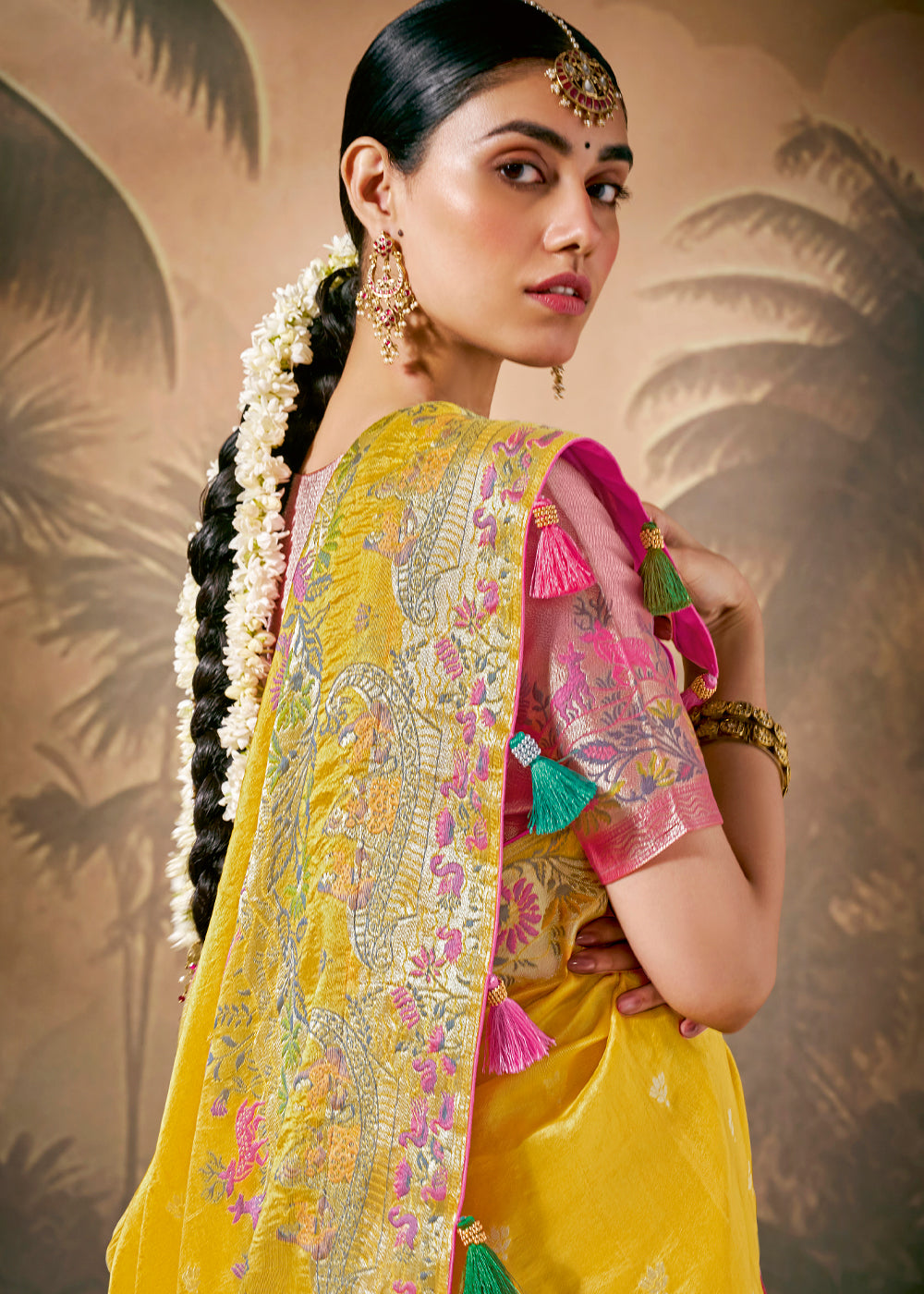 Saffron Yellow Munga Silk Saree with Zari work & Woven with Resham in Floral Motifs