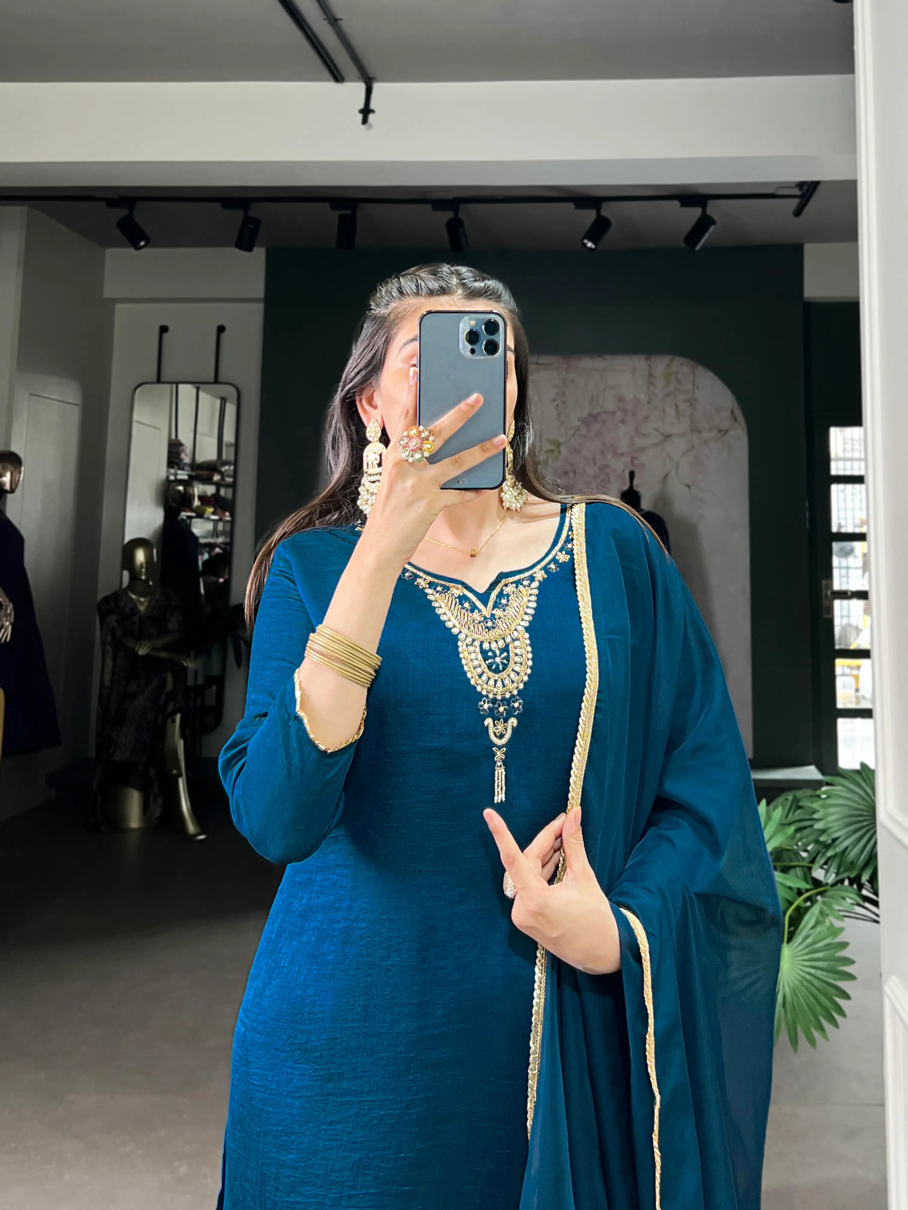 Peacock Blue Vichitra Silk Handwork Salwar Suit