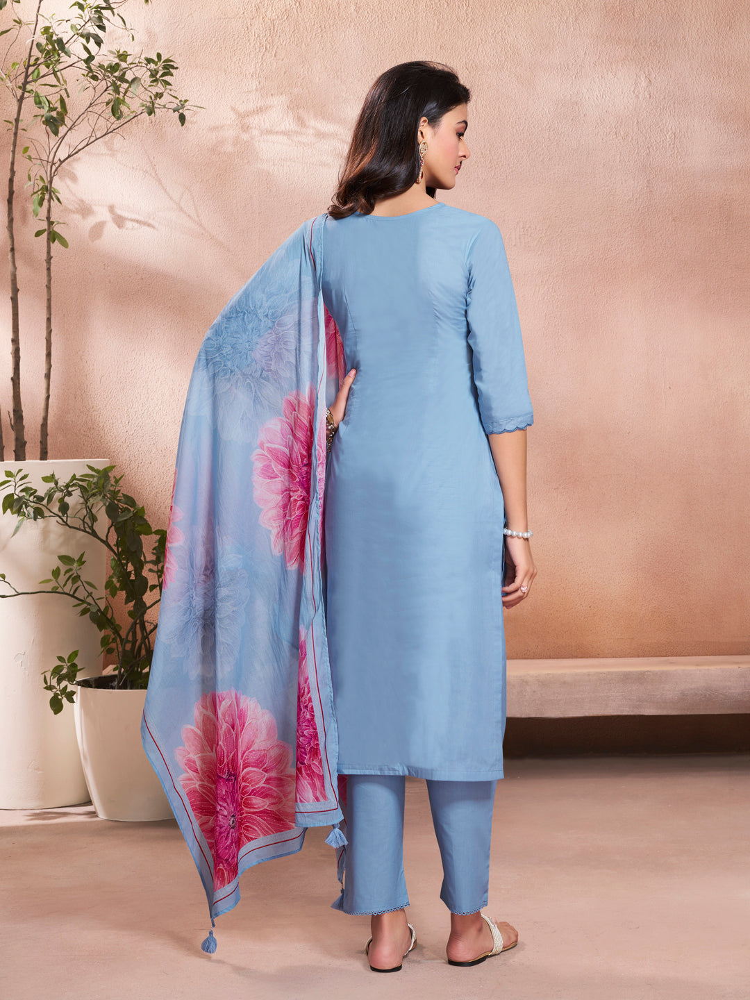Blue Cotton Top with Designer Border Trouser and Digital Floral Dupatta Kurta Suit Set