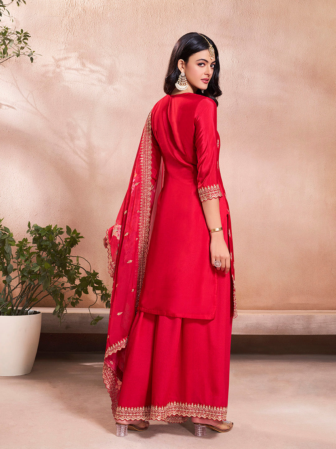 Red Butti Floral Pattern Sequins Embroidered Sharara Suit Set