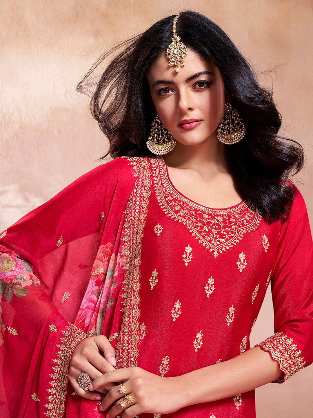 Red Butti Floral Pattern Sequins Embroidered Sharara Suit Set - qivii