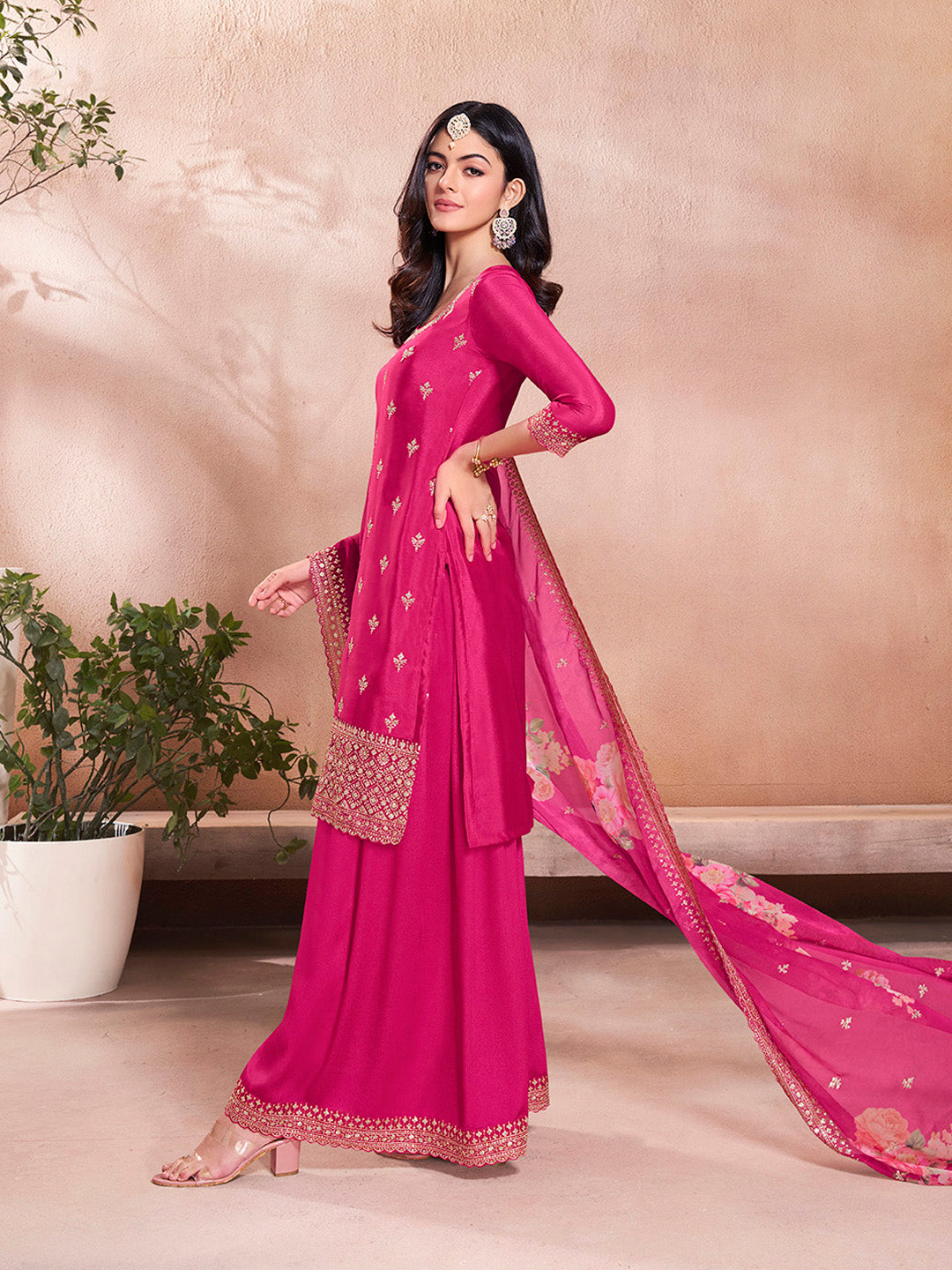Pink Butti Floral Pattern Sequins Embroidered Sharara Suit Set - qivii