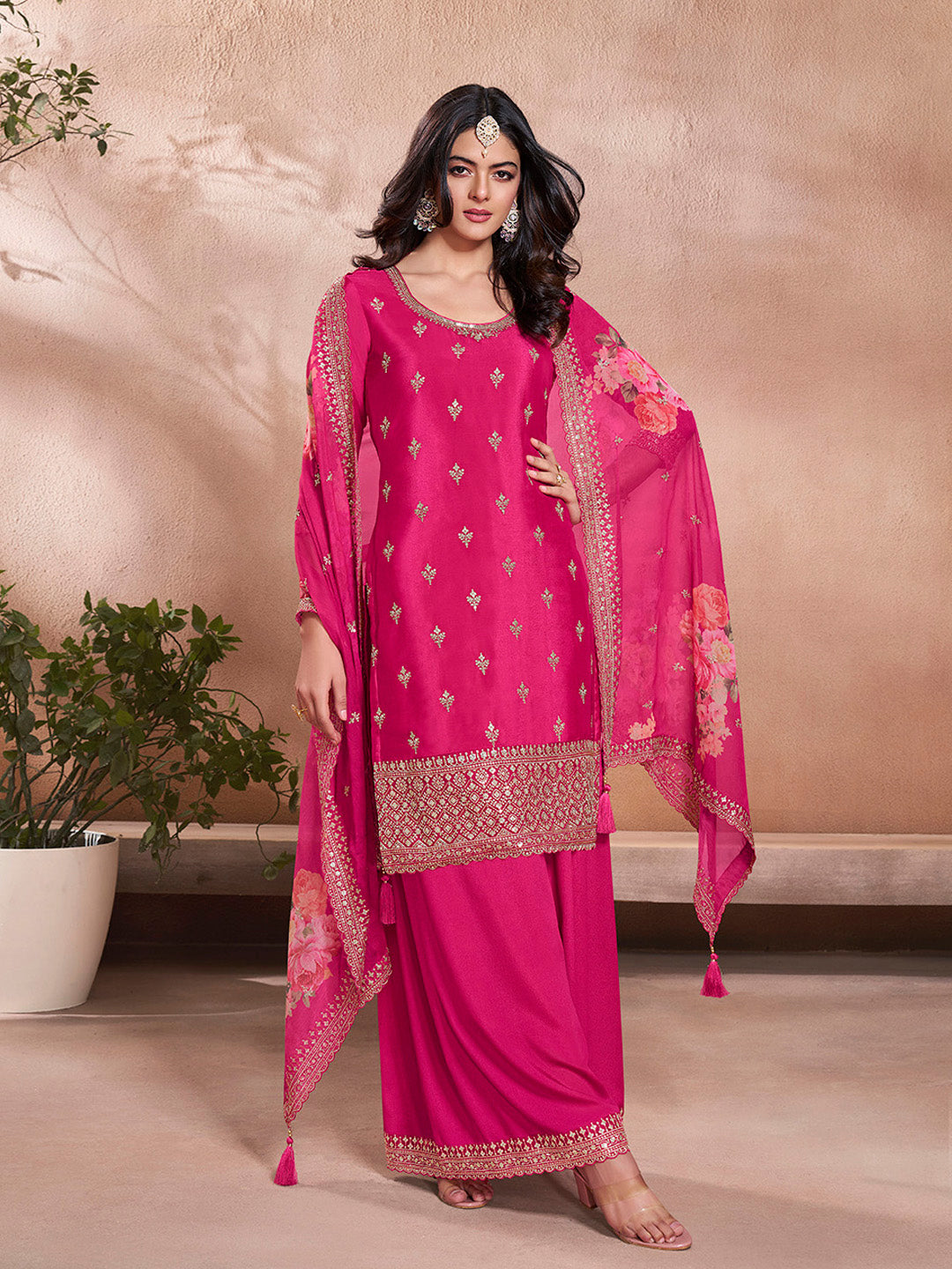 Pink Butti Floral Pattern Sequins Embroidered Sharara Suit Set - qivii