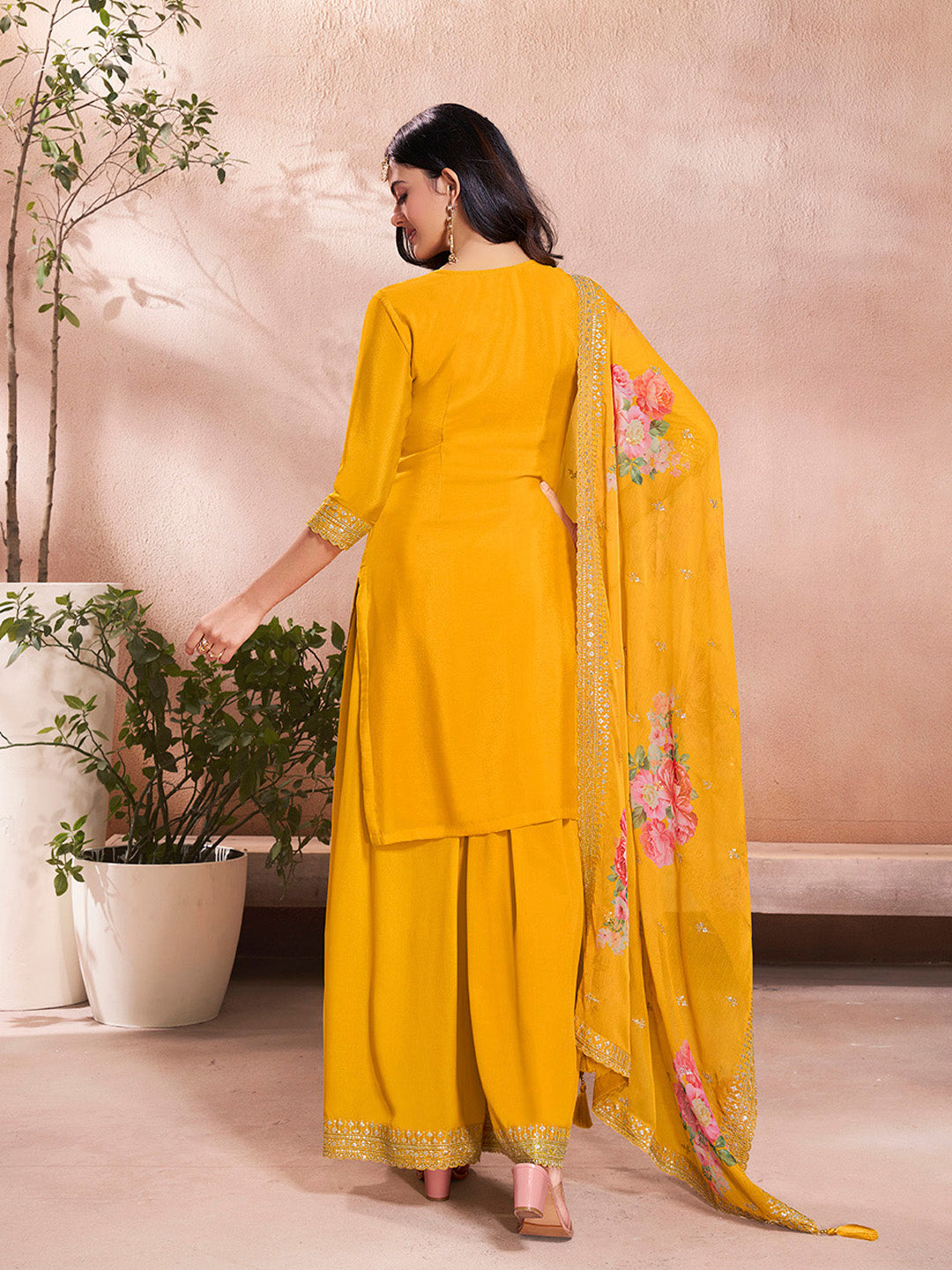 Yellow Butti Floral Pattern Sequins Embroidered Sharara Suit Set - qivii