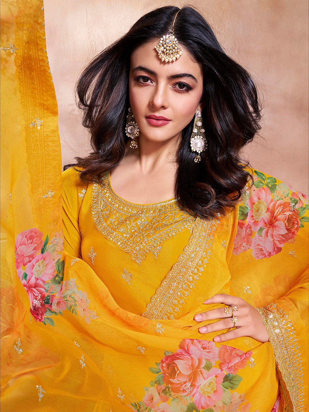 Yellow Butti Floral Pattern Sequins Embroidered Sharara Suit Set - qivii