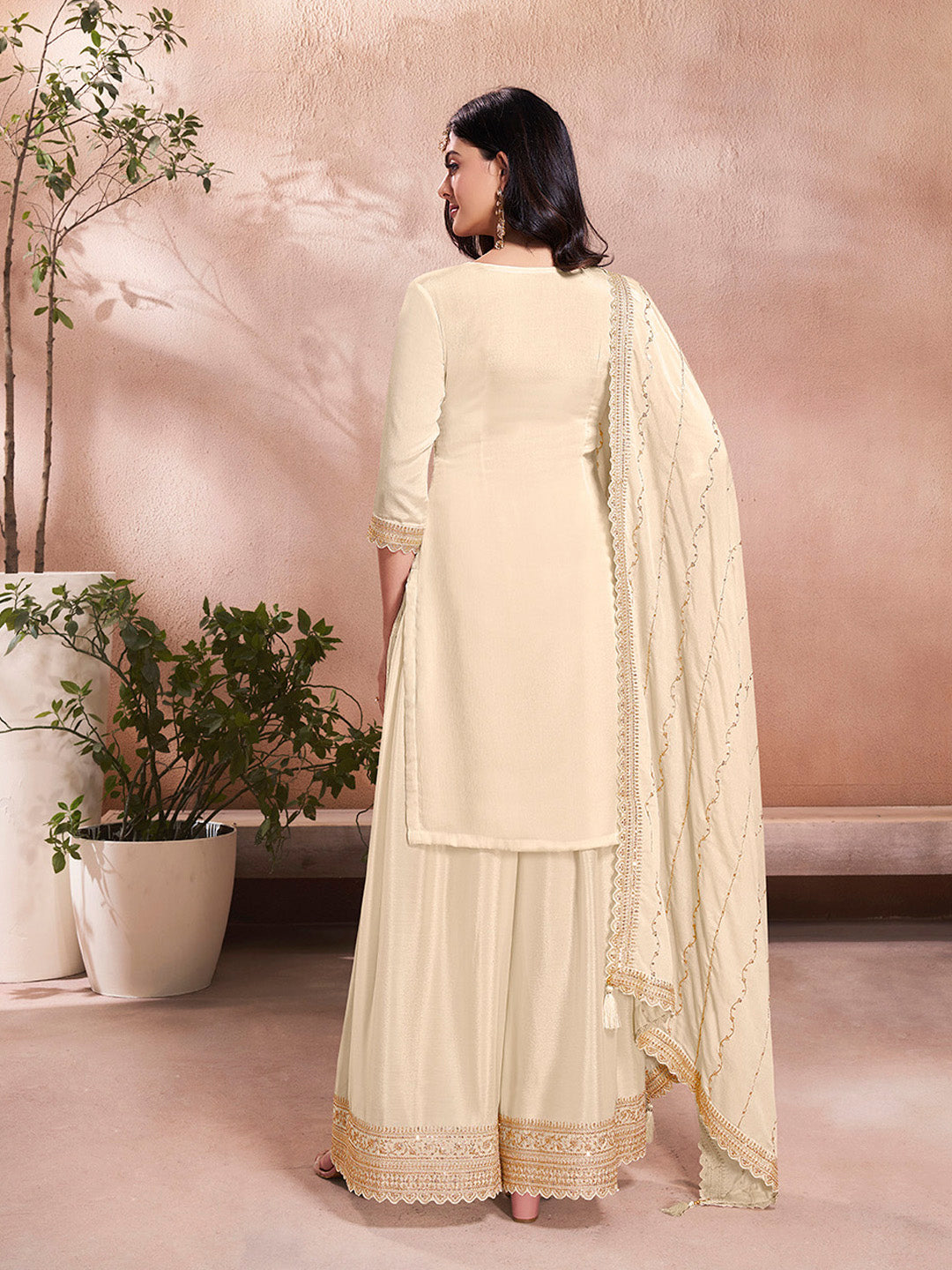White Jacquard Embroidery Sharara Suit Set - qivii