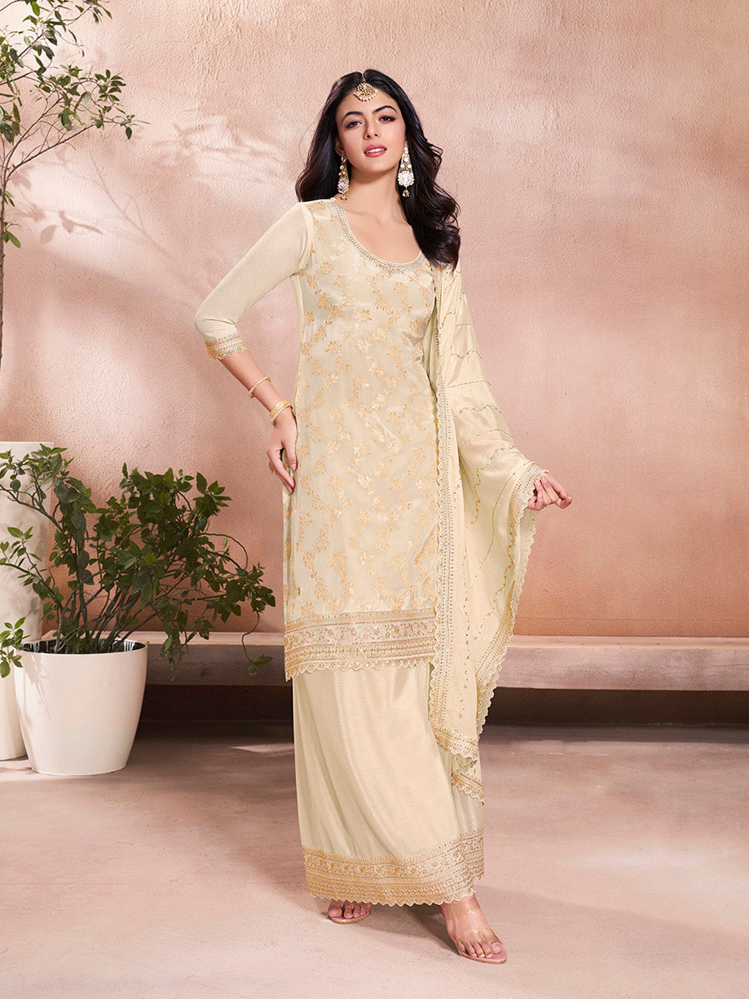 White Jacquard Embroidery Sharara Suit Set - qivii