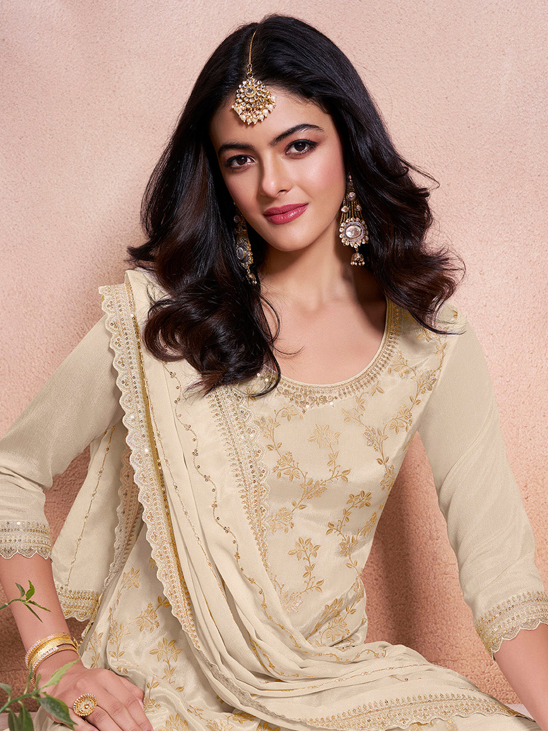 White Jacquard Embroidery Sharara Suit Set