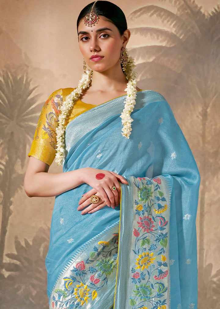 Baby Blue Munga Silk Saree with Zari work & Woven with Resham in Floral Motifs