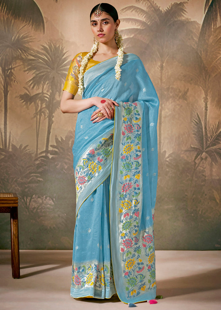 Baby Blue Munga Silk Saree with Zari work & Woven with Resham in Floral Motifs