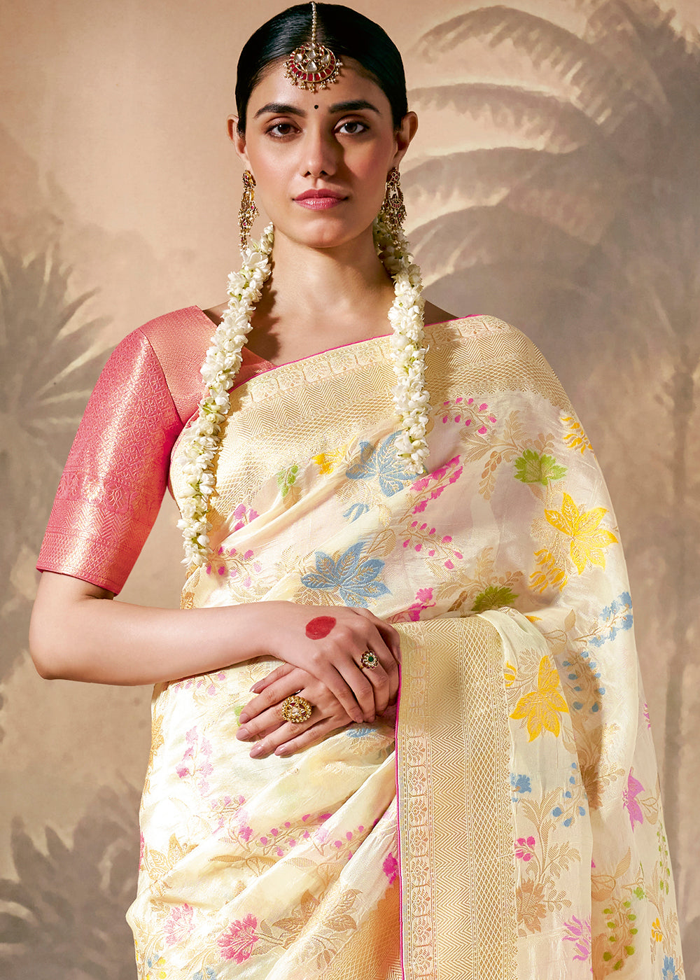 Cream White Munga Silk Saree with Zari work & Woven with Resham in Floral Motifs