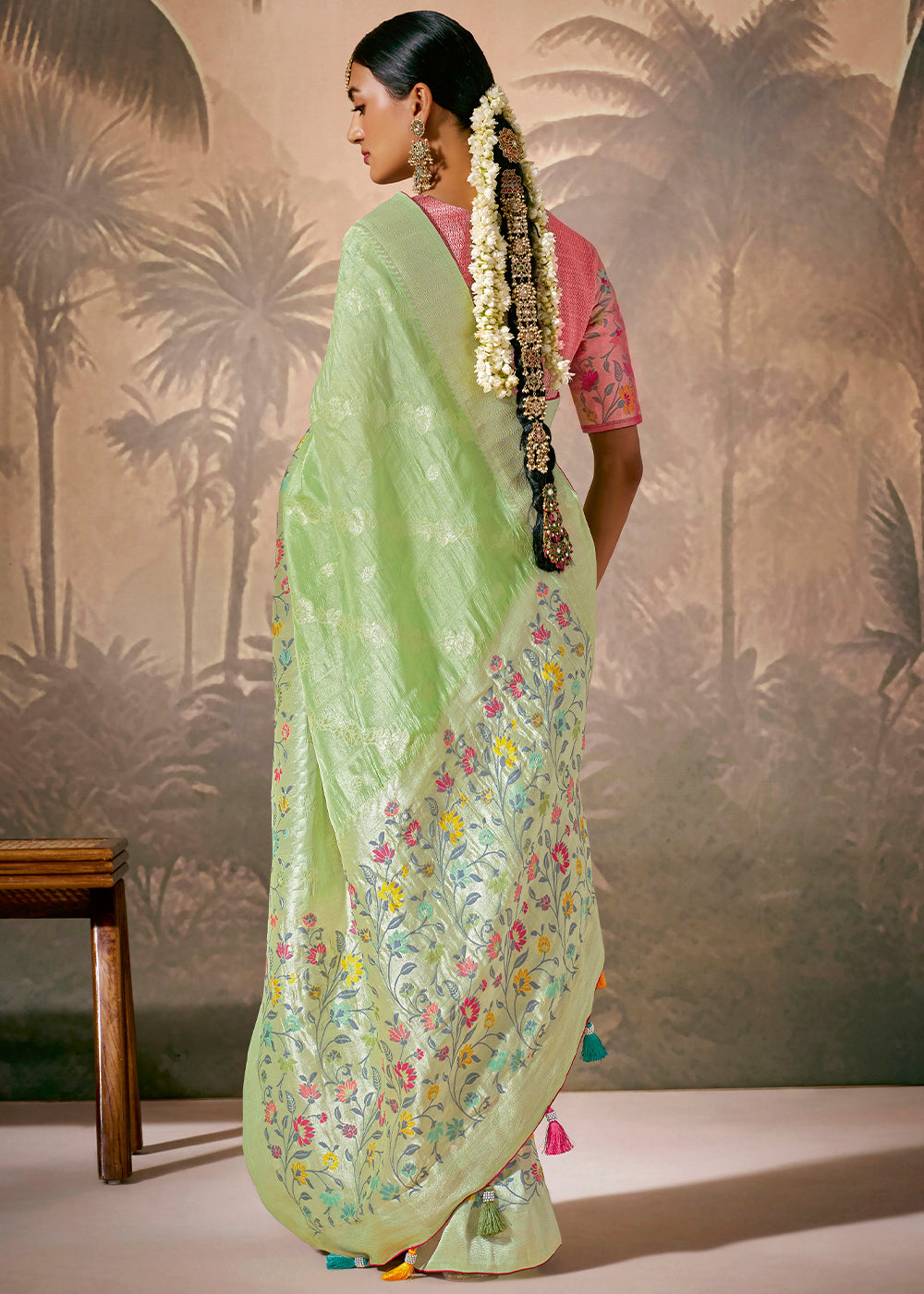 Pastel Green Munga Silk Saree with Zari work & Woven with Resham in Floral Motifs