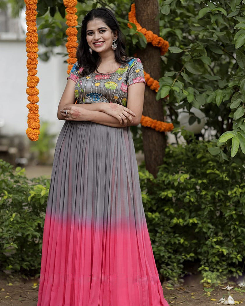 Beautiful Pink and Grey Color Georgette Designer Printed Gown  - By Qivii