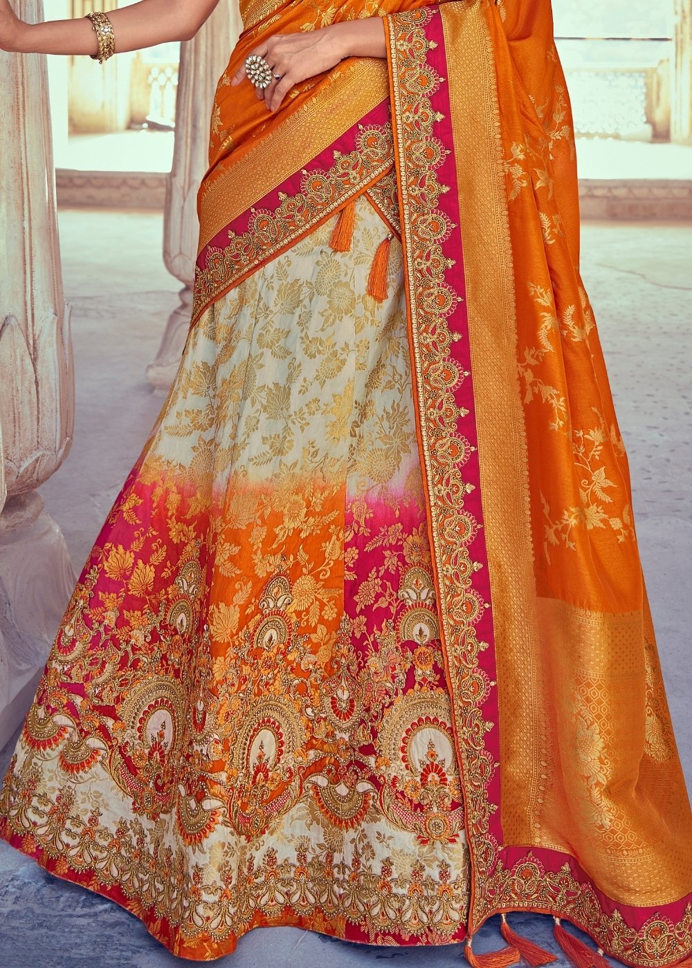 Daisy White & Orange Banarasi Silk Lehenga Choli with Khatli work Embroidery | Ready To Wear - qivii