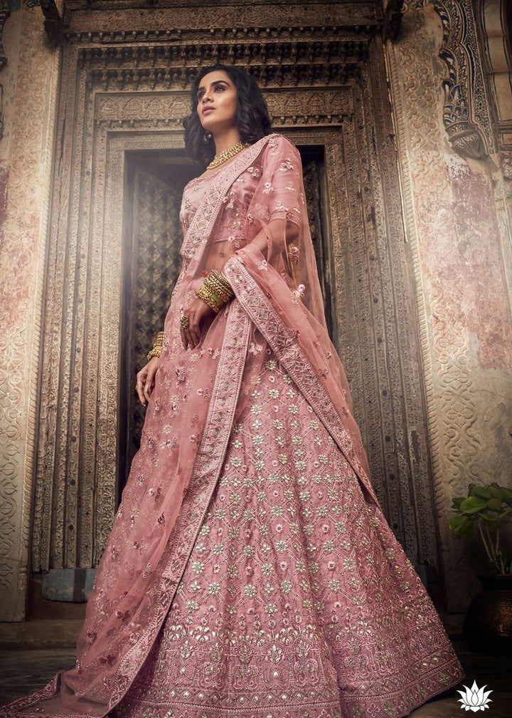 Salmon Pink Satin Lehenga Choli with Gota, Thread, Zarkan and Zari work