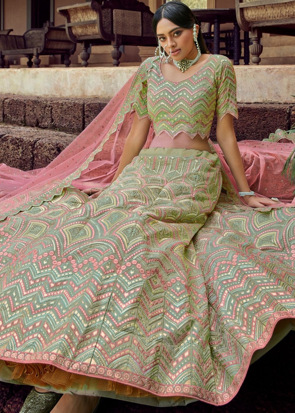 Pista Green Organza Lehenga Choli with Gota & Resham work | Ready To Wear - qivii
