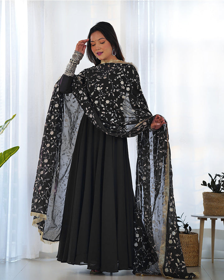 Black Color Soft Georgette Anarkali Gown With Heavy Embroidery Work Dupatta - By Qivii 