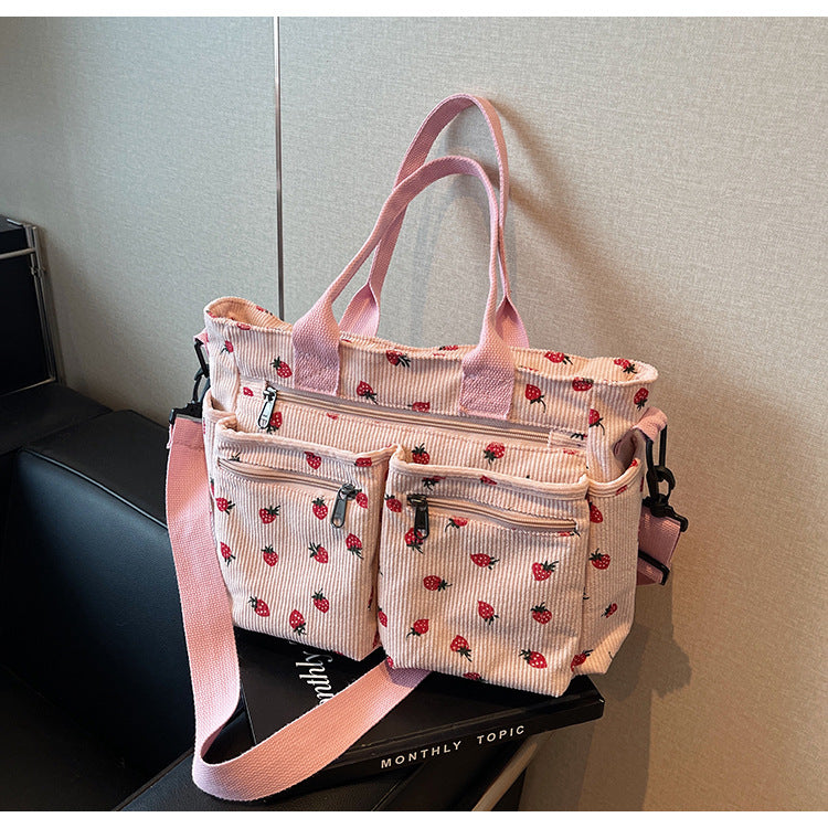 Women's Corduroy Cherry Print Tote Bag – Versatile Women's Strawberry Shoulder & Crossbody Large Capacity Mommy Bag