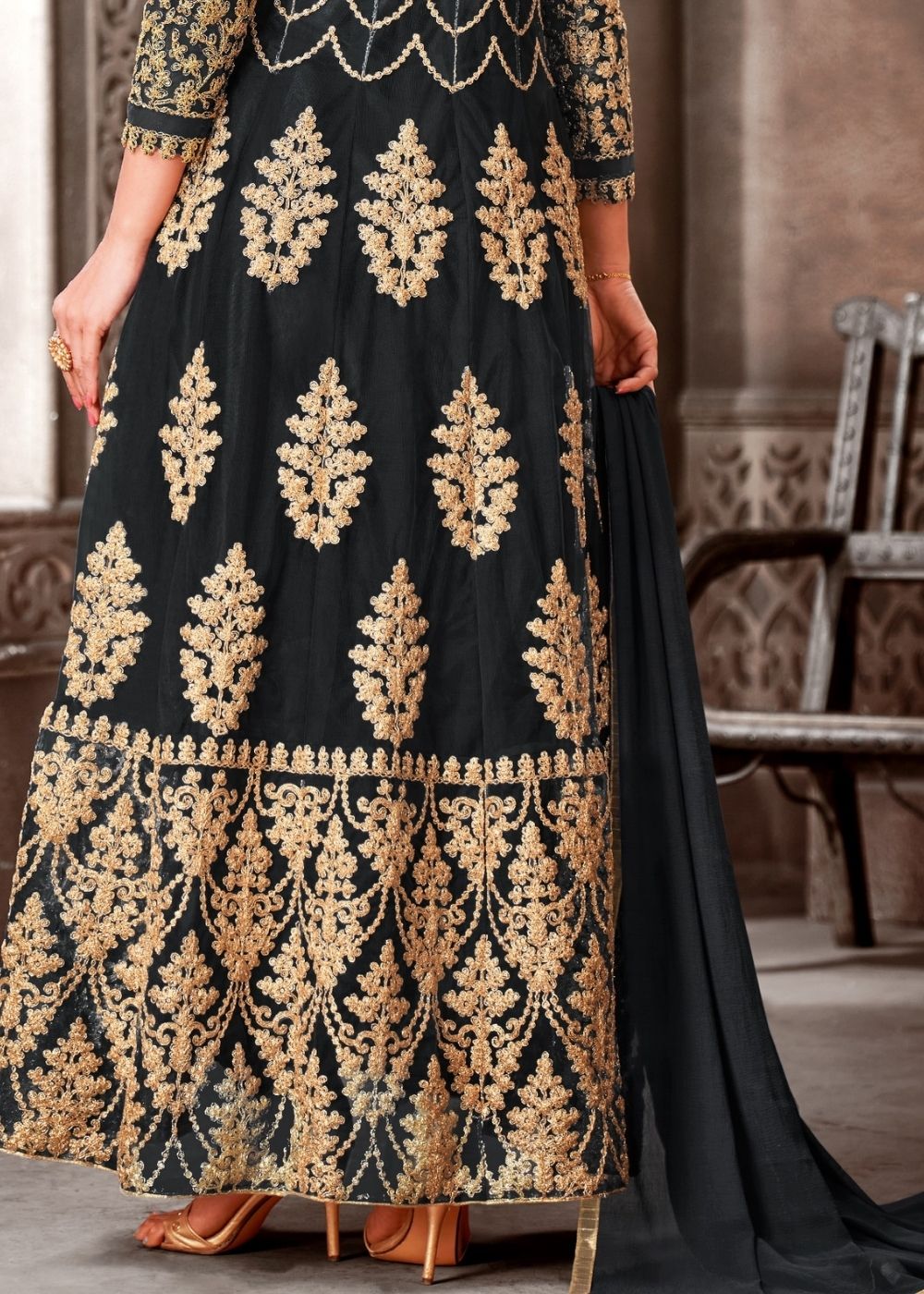 Sable Black Designer Net Anarkali Suit with Full Thread Embroidery Work: Top Pick By Qivii