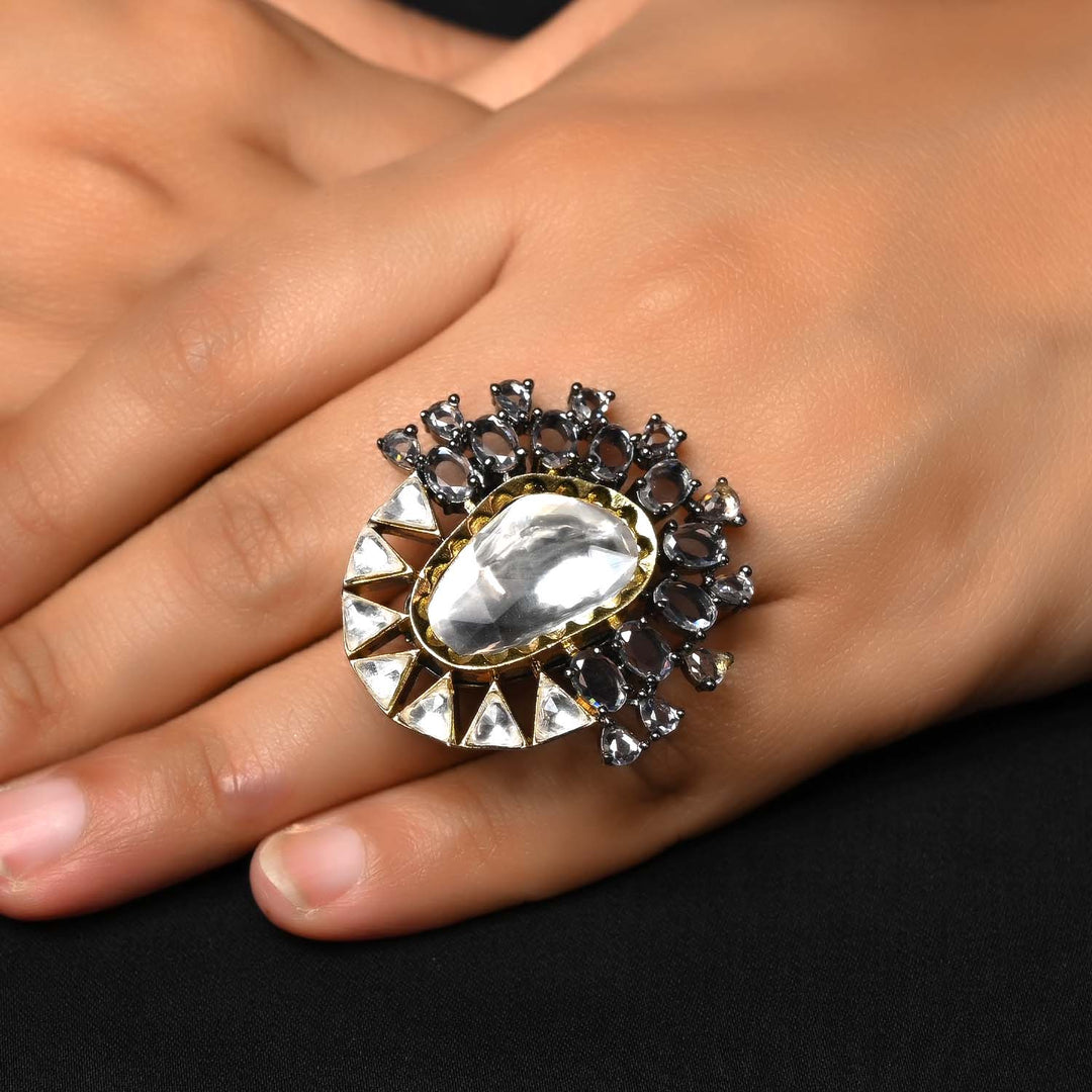 Gunjan Diamonds Rhodium & Silver Plated Victorian Ring, intricately designed with sparkling gemstones and intricate detailing, perfect for adding a touch of vintage glamour to any outfit