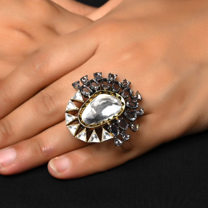 Gunjan Diamonds Rhodium & Silver Plated Victorian Ring, intricately designed with sparkling gemstones and intricate detailing, perfect for adding a touch of vintage glamour to any outfit